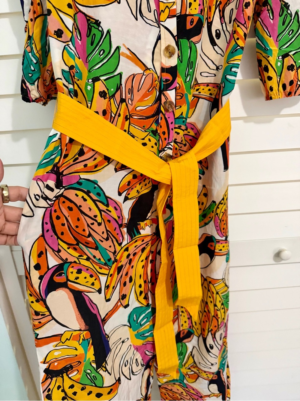 FARM Rio Multicolor Tropical Print Jumpsuit with Yellow Belt - Picture 4 of 8